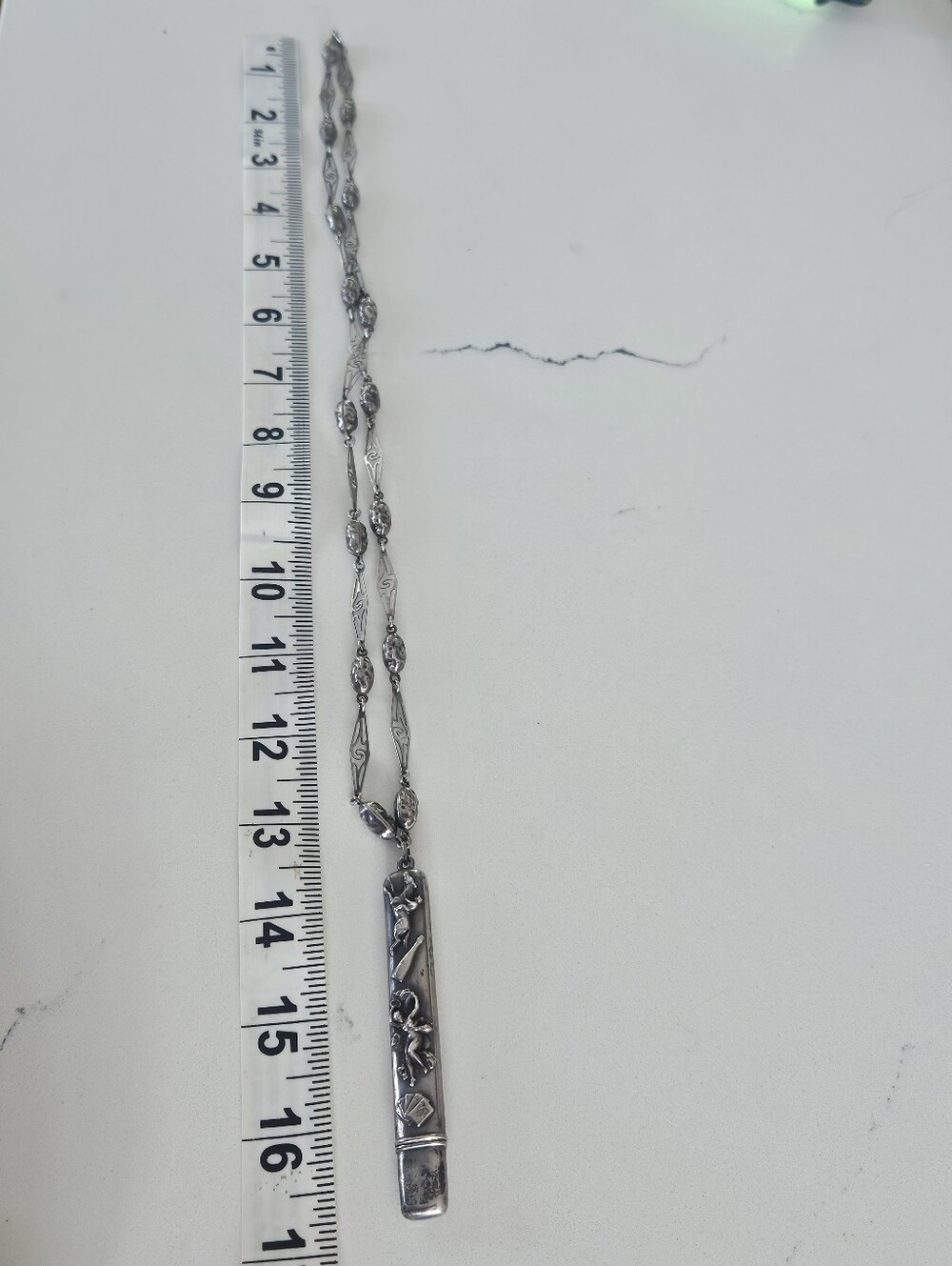 Antique Victorian Sterling Repousse Pencil Pendant Unique 24" Chain Necklace - Picture 11 of 12
